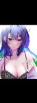  1girl black_bra blue_eyes blue_hair blush bra breasts cleavage collarbone commentary dated gradient_hair green_hair hair_between_eyes hair_ornament hairclip hand_on_own_chest hand_under_clothes lace-trimmed_bra lace_trim large_breasts letterboxed lips long_hair looking_at_viewer multicolored_hair off_shoulder open_clothes open_shirt original parted_lips shirt signature simple_background solo sweat two-tone_hair underwear upper_body urotare white_background white_shirt 