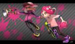  2girls absurdres baseball_cap black_footwear blue_eyes burst_bomb_(splatoon) camouflage camouflage_headwear chromatic_aberration clenched_teeth closed_mouth dark-skinned_female dark_skin drawstring fang frown hair_ornament hairclip hat hero_shot_(splatoon_2) highres holding inkling inkling_girl leg_up letterboxed long_hair long_sleeves multicolored_footwear multiple_girls octarian octoling octoling_girl paint_splatter pink_hair pointy_ears polka_dot puchiman purple_footwear red_headwear shoes short_hair single_vertical_stripe sleeves_past_elbows splatoon_(series) sploosh-o-matic_(splatoon) striped striped_background suction_cups teeth tentacle_hair v-shaped_eyebrows yellow_eyes yellow_footwear 