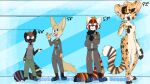  ailurid anthro big_tail black_fingers black_toes blue_eyes bottomwear canid canine charlie_(razumi) chart cheetah clothing dark_body dark_fur dark_sclera djikki felid feline female fennec fox fur group height_chart hi_res jumpsuit male mammal matthews(razumi) military military_uniform orange_body orange_fur pants razumi red_body red_fur red_panda riffen rolled_up_sleeves size_difference spots standing sweatshirt tan_body tan_fur toony uniform white_body white_fingers white_fur white_toes yellow_eyes 