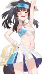  1girl animal_ears arm_up bangs bare_arms black_hair blue_archive blush bracelet breasts cheerleader closed_eyes cowboy_shot crop_top dog_ears dog_tail goggles goggles_on_head halo hibiki_(blue_archive) hibiki_(cheerleader)_(blue_archive) highres holding holding_pom_poms jewelry long_hair midriff navel open_mouth pom_pom_(cheerleading) skirt solo standing subachi tail white_background white_skirt 