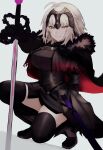  1girl absurdres armor armored_dress bangs black_dress black_thighhighs breasts chain collar dress fate/grand_order fate_(series) faulds gauntlets grey_hair headpiece highres jeanne_d&#039;arc_alter_(avenger)_(fate) jeanne_d&#039;arc_alter_(fate) large_breasts looking_at_viewer metal_collar plackart short_hair smile solo squatting sumi_(gfgf_045) sword thighhighs weapon yellow_eyes 