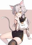  1girl :3 :d absurdres animal_ear_fluff animal_ears arm_support black_shorts black_thighhighs breasts cat_ears cat_girl cat_tail claw_pose clothing_cutout grey_hair hair_ornament hairclip high-waist_shorts high_collar highres long_hair long_sleeves looking_at_viewer low_twintails medium_breasts original ropu_(ropu_10) see-through see-through_sleeves short_shorts shorts shoulder_cutout sidelocks single_thighhigh sitting skindentation skirt smile solo tail thighhighs twintails white_skirt wing_collar yellow_eyes 
