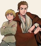  2boys age_difference anakin_skywalker animification blonde_hair blue_eyes brown_hair child closed_eyes jedi mag6_osashi3 mole mole_under_eye multiple_boys obi-wan_kenobi simple_background size_difference smile star_wars star_wars:_the_phantom_menace white_background 