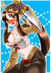  1girl 74 bandana bangs blue_background blush bow bow_bra bra breasts brown_gloves brown_hair brown_headwear brown_jacket brown_shirt commentary_request cowboy_shot dagger gloves highres holding holding_dagger holding_weapon jacket knife long_hair long_sleeves looking_at_viewer medium_breasts midriff navel nipples nose_blush open_mouth ponytail ragnarok_online red_bow reverse_grip shirt shrug_(clothing) sidelocks solo thief_(ragnarok_online) underwear wardrobe_malfunction weapon white_bra yellow_eyes 