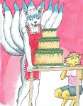  alolan_form alolan_ninetales anthro apron birthday_cake cake canid canine clothed clothing dessert duo female female/female food fox generation_1_pokemon happy ingrid mammal ninetales nintendo nyghtmar3 pokemon pokemon_(species) pokemorph regional_form_(pokemon) serenity shiny_pokemon shiny_vulpix smile traditional_media_(artwork) video_games vulpix 