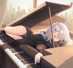 1girl absurdres black_dress black_leotard closed_mouth dress grand_piano hair_ornament hairclip highres instrument leotard lying nail_polish noir_(noworld) noworld on_piano on_side piano qiyuan_yingluo sleeping solo virtual_youtuber white_hair 
