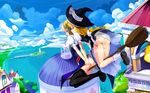  alice_margatroid ass bad_id bad_pixiv_id black_legwear blonde_hair blue_eyes broom capelet day hairband hat highres kirisame_marisa kouichi_t long_hair multiple_girls object_insertion outdoors panties panty_pull pussy red_eyes scenery short_hair thighhighs touhou underwear vibrator wallpaper witch_hat yuri 