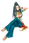  black_hair breasts cleavage crossed_legs dancer hairlocs high_heels highres jewelry kyokugen_dasshutsu kyokugen_dasshutsu:_9_jikan_9_nin_9_no_tobira large_breasts long_hair midriff nail_polish navel nishimura_kinu official_art pants red_nails sandals shoes sitting solo yashiro_(kyokugen_dasshutsu) 