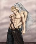 2boys blonde_hair cloud_strife earings earrings final_fantasy final_fantasy_vii highres jewelry long_hair male male_only multiple_boys muscle reach-around reach_around sephiroth silver_hair topless undressing yaoi 