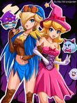  blonde_hair breasts candy cleavage cosplay dress food geno_(mario) geno_(mario)_(cosplay) ghost hair_over_one_eye halloween hat highres large_breasts legs lollipop long_legs lubba mallow_(mario) mallow_(mario)_(cosplay) mario_(series) multiple_girls pink_dress princess_peach rosetta_(mario) sigurd_hosenfeld star super_mario_bros. terena thighs v witch_hat 