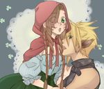  1boy 1girl aerith_gainsborough animal_ears big_bad_wolf big_bad_wolf_(grimm) blonde_hair blush braid brown_hair cloud_strife cosplay couple dress female final_fantasy final_fantasy_vii green_eyes hood lick licking little_red_riding_hood little_red_riding_hood_(character) little_red_riding_hood_(cosplay) little_red_riding_hood_(grimm) long_hair male open_mouth short_hair skirt sleeveless sleeveless_turtleneck turtleneck twin_braids wakakusa-e wolf_ears 