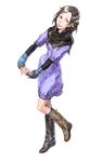  black_hair boots dress hair_ornament highres kurashiki_akane kyokugen_dasshutsu kyokugen_dasshutsu:_9_jikan_9_nin_9_no_tobira lips long_hair nishimura_kinu official_art scarf solo 