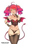  1girl ahoge black_legwear blush breasts choker demon_girl demon_tail demon_wings drill_hair eyebrows_visible_through_hair fang full-face_blush green_eyes hair_between_eyes horns litchipix looking_at_viewer navel open_mouth original pointy_ears red_hair small_breasts solo standing succubus tail tattoo thighhighs twin_drills white_background wings 