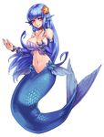  blue_hair breasts fins head_fins kenkou_cross kenkou_kurosu large_breasts long_hair mamono_girl_lover mermaid mermaid_(mamono_girl_lover) monster_girl monster_girl_encyclopedia original purple_eyes scales shell simple_background star 