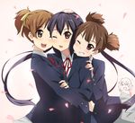  :d black_hair blazer brown_eyes brown_hair cheek-to-cheek grin hair_ribbon hand_on_another's_head hirasawa_ui hirasawa_yui hug jacket k-on! long_hair multiple_girls nakano_azusa neck_ribbon one_eye_closed open_mouth red_eyes red_ribbon ribbon round_teeth school_uniform short_hair skirt smile suzuki_jun teeth twintails yokaze_japan 