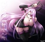  :p arm_up artist_name breasts chain cleavage dagger downblouse dress eyepatch fate/stay_night fate_(series) haganef huge_breasts leaning_forward legs long_hair nameless_dagger purple_hair rider solo strapless strapless_dress thighhighs thighs tongue tongue_out very_long_hair weapon 