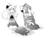  2girls blush bob_cut closed_eyes food frown full_mouth greyscale hair_ribbon hat heart itou_yuuji konpaku_youmu konpaku_youmu_(ghost) monochrome multiple_girls pocky pocky_kiss ribbon saigyouji_yuyuko seiza shared_food short_hair sitting surprised tabi touhou triangular_headpiece 