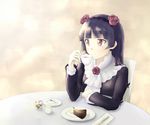  aoi_usagi bad_id bad_pixiv_id black_hair cake dress flower food gokou_ruri gothic_lolita hairband lolita_fashion long_hair mole mole_under_eye ore_no_imouto_ga_konna_ni_kawaii_wake_ga_nai pinky_out purple_flower purple_rose red_eyes rose sitting solo tea 