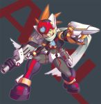  1boy android axl capcom character_name degarashi_(ponkotsu) dual_wielding full_body green_eyes grey_background grin gun helmet holding holding_weapon male_focus rockman rockman_x scar scarf simple_background smile solo spiked_hair standing weapon 