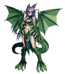  animal_ears claws dragon_(monster_girl_encyclopedia) dragon_girl hand_on_hip horns kenkou_cross long_hair looking_at_viewer midriff monster_girl monster_girl_encyclopedia navel paws purple_hair scales simple_background solo standing tail white_background wings yellow_eyes 