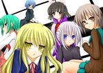  animal_ears bangs black_hair blazer blonde_hair blue_eyes blunt_bangs blush brown_eyes brown_hair cape crossover glasses green_eyes green_hair grey_hair hasaha iwasaki_minami jacket japanese_clothes kimono kita_high_school_uniform kuchinashi_(needless) long_hair long_sleeves lucky_star multiple_girls nagato_yuki needless open_mouth pleated_skirt pointy_ears primula ribbon ryouou_school_uniform school_uniform serafuku short_hair shuffle! sitting skirt summon_night summon_night_2 suzumiya_haruhi_no_yuuutsu t_(dyuhuhudyukusi) tabitha trait_connection twintails yellow_eyes zero_no_tsukaima 