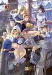 3girls 77gl amelia_wil_tesla_seyruun armor blonde_hair blue_eyes boots bottomless breast_grab breasts cape earrings filia_ul_copt food gourry_gabriev grabbing highres jewelry knee_boots large_breasts lina_inverse long_hair medium_breasts multiple_boys multiple_girls out_of_character panties purple_hair red_eyes red_hair revealing_clothes short_hair slayers slayers_try sword underwear weapon xelloss zelgadiss_graywords 