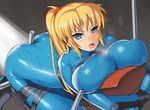  bad_id bad_pixiv_id bdsm blonde_hair blue_eyes blush bodysuit bondage bound breast_press breast_squeeze breasts drooling huge_breasts long_hair metroid nagase_haruhito ponytail restrained saliva samus_aran skin_tight solo stationary_restraints wince zero_suit 