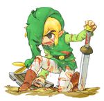  belt blonde_hair blood boots brown_eyes cuts ezlo hat holding holding_sword holding_weapon injury kneeling left-handed link male_focus open_mouth pointy_ears shield sword tears the_legend_of_zelda the_legend_of_zelda:_the_minish_cap torn_clothes tunic usikani weapon 