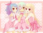  3boys afuro_terumi aphrodi aphrodite_(inazuma_eleven) arm_grab bare_shoulders blonde_hair blue_hair brown_eyes cosplay crossdress crossdressing detached_sleeves dress eyepatch hair_ribbon hairclip idolmaster inazuma_eleven kazemaru_ichirouta long_hair multiple_boys open_mouth pink_dress ponytail red_eyes sakuma_jirou smile trap white_hair yellow_eyes 