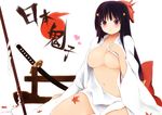  autumn_leaves bad_id bad_pixiv_id black_hair breasts hannya heart hinomoto_oniko katana large_breasts leaf long_hair maple_leaf navel oni_horns open_clothes original purple_eyes solo sword weapon yostxxx 