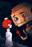  black_eyes copyright_request flower highres patipat_asavasena pointy_ears red_hair robot short_hair 