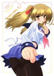  angel_beats! black_legwear blonde_hair brown_eyes crotch_seam foreshortening long_hair looking_back panties panties_under_pantyhose pantyhose perspective pointing saano_chia school_uniform serafuku solo thighband_pantyhose twintails underwear yusa_(angel_beats!) 