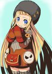  blonde_hair blue_eyes blush hat long_hair mittens ninomae_ichijiku original simple_background smirk solo thighhighs 