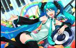  aqua_eyes aqua_hair aqua_nails arched_back detached_sleeves hands hatsune_miku headphones headset highres long_hair lying nail_polish nana_g necktie on_side sitting skirt smile solo speaker star symbol-shaped_pupils thighhighs twintails very_long_hair vocaloid zettai_ryouiki 