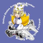  aircraft airplane animal_ears b-17_flying_fortress blonde_hair blush_stickers bomber chibi commentary fox_tail hands_in_opposite_sleeves hat military military_vehicle multiple_tails nose_art sakurato_tsuguhi sitting solo tail touhou world_war_ii yakumo_ran yellow_eyes 