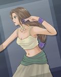  altostyle arc_the_lad arc_the_lad_ii breasts brown_hair card cards choker female green_eyes long_hair lowres midriff sania skirt solo tan_skin tank_top tanktop wristband 