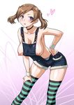  blush breasts brown_hair cleavage imouto_bitch_ni_shiboraretai imouto_wa_nama_onahole joy_ride large_breasts naked_overalls nipples open_mouth overalls puffy_nipples purple_eyes sayaka_(imouto_bitch_ni_shiboraretai) short_hair solo striped striped_legwear thighhighs topless twintails wristband 