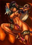  abs bare_shoulders black_hair bracelet breasts cleavage codpiece dark_skin duplicate eiwa fishnet_legwear fishnets gradient_hair green_hair hair_censor hair_ornament high_heels jewelry large_breasts lunaluna_(queen's_blade) multicolored_hair navel official_art pearl_thong queen's_blade queen's_blade_rebellion revealing_clothes sandals shoes smile solo thighhighs 