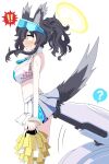  ! !! 1girl ? ^^^ animal_ears bare_arms bare_shoulders black_hair blue_archive blush breasts cheerleader crop_top dog_ears dog_girl dog_tail eyewear_on_head from_side goggles goggles_on_head halo hibiki_(blue_archive) hibiki_(cheerleader)_(blue_archive) highres holding long_hair medium_breasts midriff nose_blush pleated_skirt pom_pom_(cheerleading) ponytail riffle_hunter shirt simple_background skirt sleeveless sleeveless_shirt solo speech_bubble spoken_exclamation_mark spoken_question_mark surprised sweat sweatdrop tail tail_raised visor_cap white_background white_skirt 