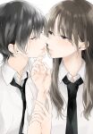  2girls black_hair blue_eyes brown_hair closed_eyes commentary_request highres imminent_kiss looking_at_another multiple_girls necktie original saki_hajime short_hair yuri 