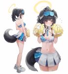  1girl absurdres animal_ears bangs bare_arms bare_shoulders black_hair blue_archive blue_skirt blush breasts cheerleader cleavage crop_top crop_top_overhang dog_ears dog_girl dog_tail embarrassed extra_ears eyewear_on_head flying_sweatdrops goggles goggles_on_head halo hibiki_(blue_archive) hibiki_(cheerleader)_(blue_archive) highres holding holding_pom_poms long_hair looking_at_viewer lunia medium_breasts midriff miniskirt multiple_views navel pleated_skirt pom_pom_(cheerleading) ponytail shirt shoes simple_background skirt sleeveless sleeveless_shirt sneakers sticker_on_arm sticker_on_face stomach sunglasses tail visor_cap white_background white_footwear white_skirt 