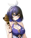  1girl bangs bare_shoulders blue_eyes blue_hair blush bracelet breasts chinese_commentary cleavage cleavage_cutout closed_mouth clothing_cutout commentary_request dark_blue_hair hair_between_eyes hair_ornament hairband halterneck highres holding_ice_cream honkai_(series) honkai_impact_3rd jewelry looking_at_viewer medium_breasts medium_hair nail_polish pink_nails seele_vollerei simple_background smile solo sparkle tutou_jiang upper_body white_background white_hairband 