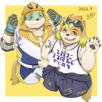  alter_ego anthro armor blonde_hair blue_eyes canid canine canis clothing domestic_dog floppy_ears hair headgear helmet hisaki_(live-a-hero) jumpsuit lifewonders live-a-hero male mammal musclegut pawpads shirt superhero tank_top topwear video_games visor xiaonongbaopao1 