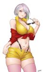  1girl absurdres bangs bare_shoulders blush breasts cosplay cowboy_bebop cyberpunk_(series) cyberpunk_edgerunners faye_valentine faye_valentine_(cosplay) highres holding holding_eyewear large_breasts looking_at_viewer lucy_(cyberpunk) makeup midriff multicolored_eyes multicolored_hair navel parted_bangs parted_lips red_eyeliner red_lips shirt short_hair shorts signature solo thighhighs thighs white_background whitter yellow_shorts 