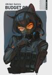  1girl absurdres animal_ears black_gloves black_shirt bulletproof_vest cat_ears covered_mouth finger_to_mouth gas_mask gloves goggles headphones headset highres looking_at_viewer mask original polilla pouch shirt shushing solo upper_body 