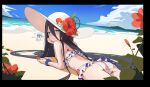  1girl absurdres arisu_(blue_archive) ass beach bikini black_hair blue_archive blue_eyes blue_sky closed_eyes commentary_request fei_mao frilled_bikini frills hair_between_eyes hat highres long_hair looking_at_viewer lying ocean on_stomach outdoors sky smile solo swimsuit white_bikini white_headwear 