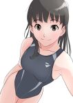  1girl amagami ayatsuji_tsukasa black_eyes black_hair black_one-piece_swimsuit breasts collarbone commentary_request competition_swimsuit cowboy_shot from_above highres kero320 long_hair one-piece_swimsuit reaching_out selfie simple_background small_breasts smile solo standing swimsuit white_background 