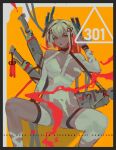  1girl absurdres bandaid bandaids_on_nipples black_choker choker flower_knot grey_hair hand_up highres looking_at_viewer open_mouth orange_eyes pasties polilla scabbard sheath short_hair sitting solo spread_legs sword thigh_strap torn_clothes triangle_mouth weapon wristband 
