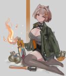  1girl absurdres animal_ear_fluff animal_ears breasts cleavage cleavage_cutout closed_mouth clothing_cutout explosive green_jacket grenade grey_hair grey_thighhighs hair_intakes hair_ornament hairclip highres jacket large_breasts long_sleeves looking_at_viewer molotov_cocktail open_clothes open_jacket original polilla red_eyes short_hair smile solo thighhighs 