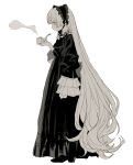  1girl bangs black_dress black_footwear blunt_bangs chin_strap dress frilled_sleeves frills gosick highres holding holding_smoking_pipe limited_palette long_hair long_sleeves looking_down muted_color quxiaochong shoes smoke smoking_pipe solo standing very_long_hair victorica_de_blois 